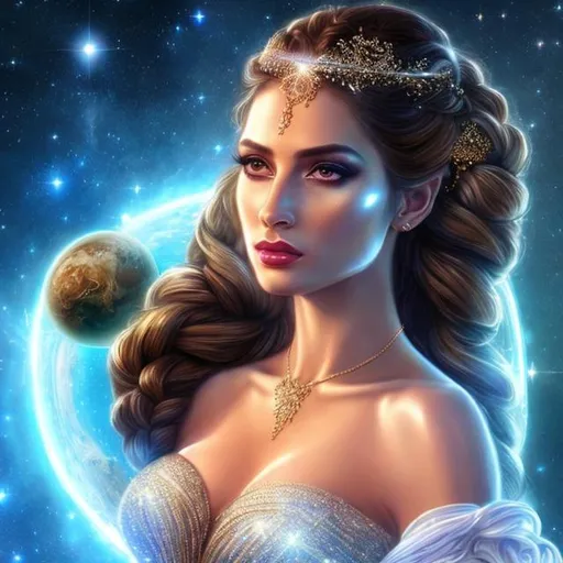 Prompt: HD 4k 3D, hyper realistic, professional modeling, ethereal Greek goddess of the comets, sparkling blue long braided hair, brown skin, gorgeous face, gorgeous white starry dress with long train, comet white jewelry and diadem of stars, pixie wings, full body, ambient starlight glow, comet over islands, dazzling light, landscape, detailed, elegant, ethereal, mythical, Greek, goddess, surreal lighting, majestic, goddesslike aura