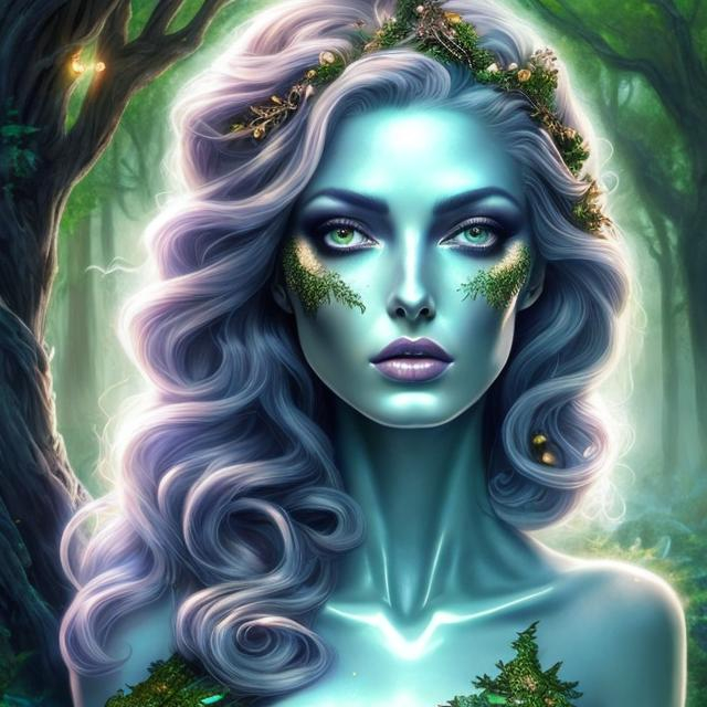 Prompt: HD 4k 3D, hyper realistic, professional modeling, ethereal Greek undead goddess of trees, green ombre hair, dark freckled skin, gorgeous face, gorgeous tree dress, tree jewelry and underworld crown, full body, ambient spooky glow, tree nymph in the underworld, landscape, detailed, elegant, ethereal, mythical, Greek, goddess, surreal lighting, majestic, goddesslike aura