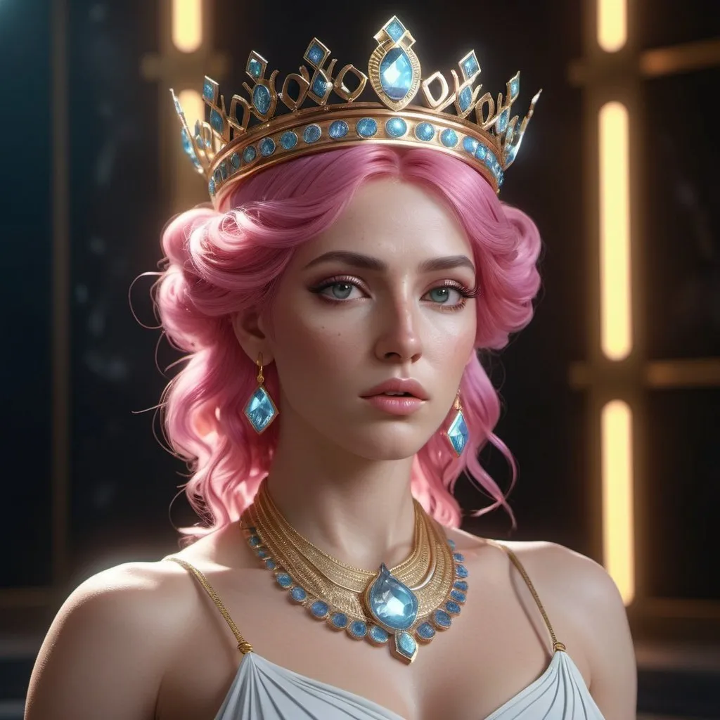 Prompt: HD 4k 3D, 8k, hyper realistic, professional modeling, ethereal Greek Goddess Caeneus, pink hair, fair skin, gorgeous glowing face, androgynous outfit, diamond gemstone jewelry and crown, heroine, powerful, surrounded by ambient divinity glow, detailed, elegant, mythical, surreal dramatic lighting, majestic, goddesslike aura