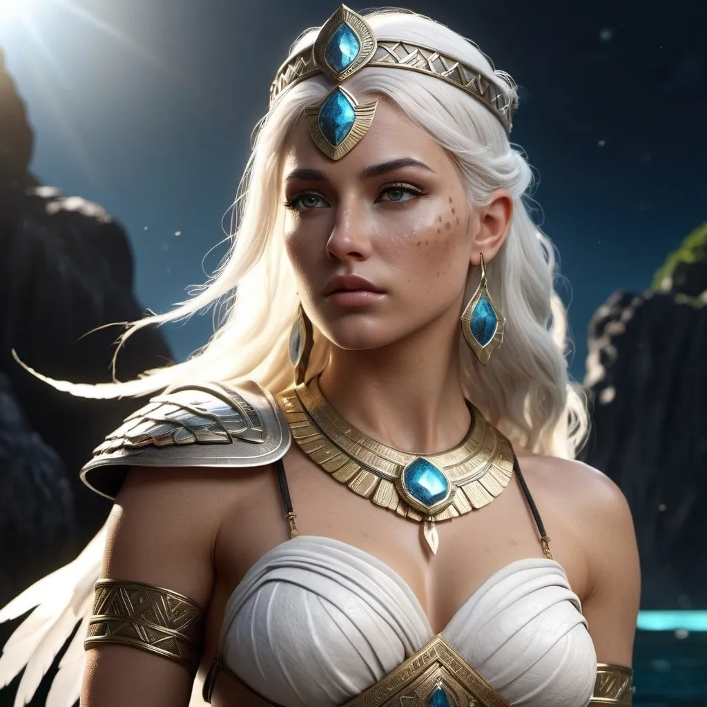 Prompt: HD 4k 3D, 8k, hyper realistic, professional modeling, ethereal Greek Goddess and Amazonian Queen, white hair, medium freckled skin, gorgeous glowing face, Amazonian Warrior fur armor, black jewelry and diadem, Amazon warrior, tattoos, full body, mountains, paradise, surrounded by ambient divine glow, detailed, elegant, mythical, surreal dramatic lighting, majestic, goddesslike aura