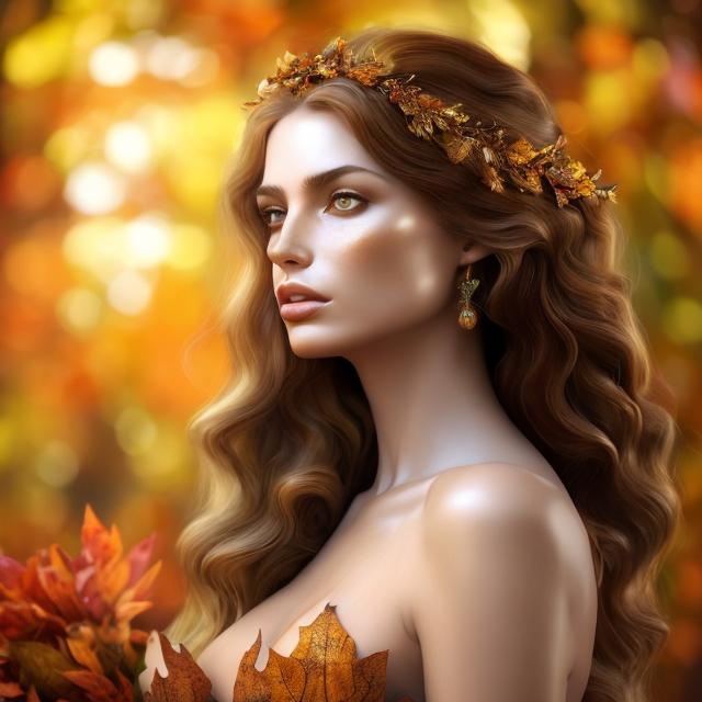 Prompt: HD 4k 3D, hyper realistic, professional modeling, ethereal Greek goddess of autumn, curly auburn hair, fair freckled skin, gorgeous face, gorgeous autumn foliage gown, autumn jewelry and leaf tiara, full body, ambient glow, autumn goddess, autumn forest landscape, detailed, elegant, ethereal, mythical, Greek, goddess, surreal lighting, majestic, goddesslike aura