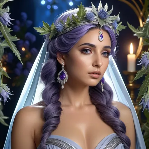 Prompt: HD 4k 3D, 8k, hyper realistic, professional modeling, ethereal Greek Goddess and first woman Pandora, purple half up twist hair, olive skin, gorgeous glowing face, silvery gown, embroidered veil, blue jewelry and garland and silver headband, wild and lush vegetation, pandora's box, sea holly flowers, surrounded by ambient divinity glow, detailed, elegant, mythical, surreal dramatic lighting, majestic, goddesslike aura