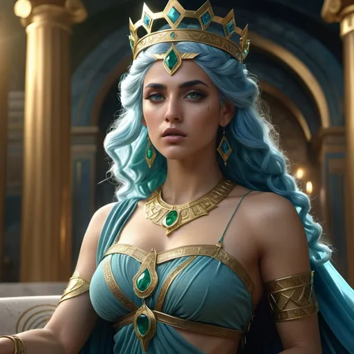 Prompt: HD 4k 3D, 8k, hyper realistic, professional modeling, ethereal Greek Goddess Calydonian Princess, blue hair, olive skin, gorgeous glowing face, flowing dress, green gemstone jewelry and crown, combat warrior, drives a chariot, bloody, surrounded by ambient divinity glow, detailed, elegant, mythical, surreal dramatic lighting, majestic, goddesslike aura