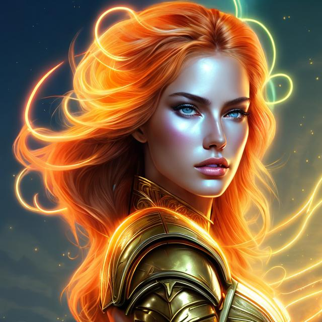 Prompt: HD 4k 3D 8k professional modeling photo hyper realistic beautiful  woman ethereal greek goddess of lightning
red orange and yellow hair tan skin gorgeous face shining gold armor shield gold jewelry lightning headpiece pixie wings full body surrounded by ambient  glow hd landscape power of lighting in the sky 

