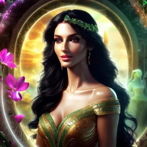 Prompt: HD 4k 3D 8k professional modeling photo hyper realistic beautiful woman ethereal greek goddess of blessed death
long black hair green eyes fair skin gorgeous face enchanting grecian dress beautiful jewelry spring crown full body surrounded by mystical ambient glow hd landscape underworld lush vibrant springtime altar festival 
