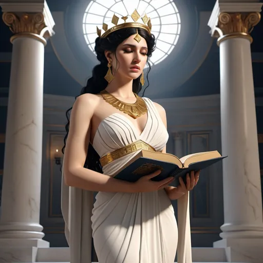 Prompt: HD 4k 3D, hyper realistic, professional modeling, ethereal Greek Muse of Epic Poetry, black hair, pale skin, gorgeous face, grecian chief dress, gold jewelry and crown, full body, poet, writer, holding book, assertive and wise, detailed, elegant, ethereal, mythical, Greek, goddess, surreal lighting, majestic, goddesslike aura