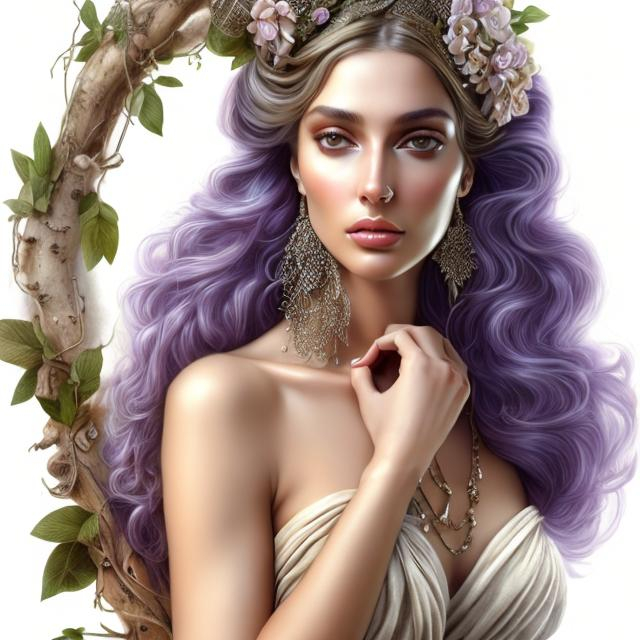 Prompt: HD 4k 3D, hyper realistic, professional modeling, ethereal Greek goddess of ash trees, purple hair, tan skin, gorgeous face, gorgeous rustic inspired dress, rustic jewelry and rustic headband, full body, ambient glow, ash tree nymph, landscape, detailed, elegant, ethereal, mythical, Greek, goddess, surreal lighting, majestic, goddesslike aura