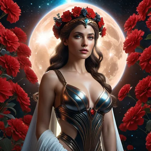 Prompt: HD 4k 3D 8k professional modeling photo hyper realistic beautiful woman Sci-Fi Space Princess ethereal greek goddess gorgeous face full body surrounded by ambient glow, cosmic, enchanted, magical, detailed, highly realistic woman, high fantasy Alderaan background, elegant, mythical, surreal lighting, majestic, goddesslike aura, red and black flowers, Annie Leibovitz style 

