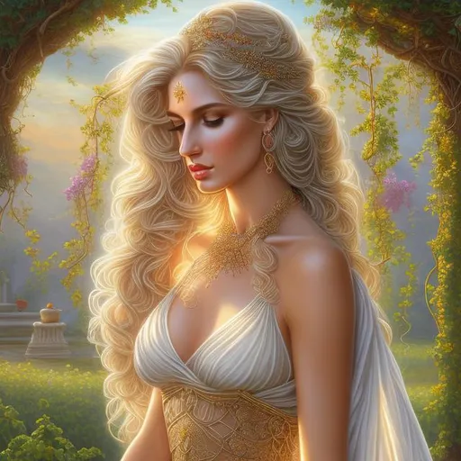 Prompt: HD 4k 3D, hyper realistic, professional modeling, ethereal Greek goddess of wine and friendship, white hair, tan skin, gorgeous face, gorgeous grecian embroidered gown,  jewelry and diadem of vines, nymph, full body, ambient glow, vineyard, wine,  landscape, detailed, elegant, ethereal, mythical, Greek, goddess, surreal lighting, majestic, goddesslike aura
