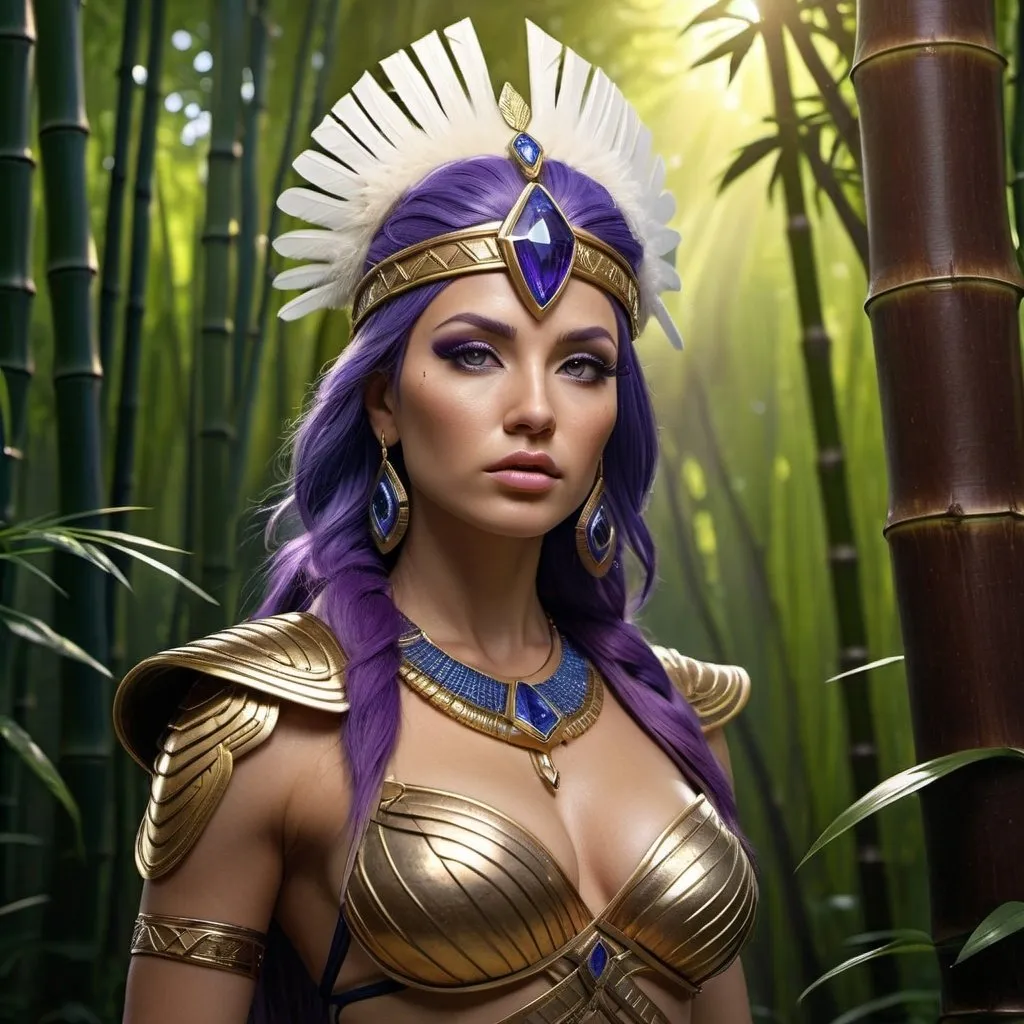 Prompt: HD 4k 3D, 8k, hyper realistic, professional modeling, ethereal Greek Goddess and Amazonian Queen, purple hair, ivory skin, gorgeous glowing face, Amazonian Warrior fur armor, sapphire jewelry and diadem, Amazon warrior, tattoos, full body, hunter, bamboo forest, surrounded by ambient divine glow, detailed, elegant, mythical, surreal dramatic lighting, majestic, goddesslike aura