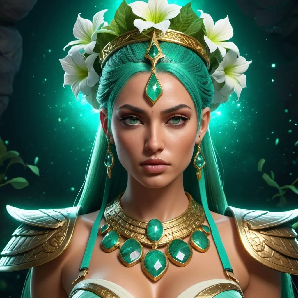 Prompt: HD 4k 3D, 8k, hyper realistic, professional modeling, ethereal Greek Goddess and Amazonian Warrior, green ponytail hair, ivory skin, gorgeous glowing face, Amazonian Warrior armor, apatiite jewelry and crown, Amazon warrior and hunter, full body, adorned with petunia flowers, strong, powerful, surrounded by ambient divine glow, detailed, elegant, mythical, surreal dramatic lighting, majestic, goddesslike aura