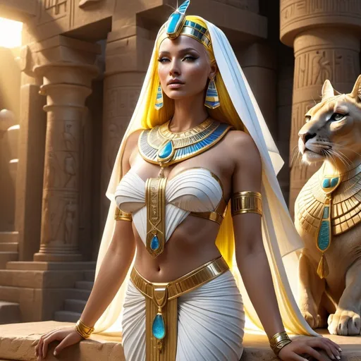 Prompt: HD 4k 3D, 8k, hyper realistic, professional modeling, ethereal Egyptian Goddess style, Puma Goddess, beautiful, waterfall oasis, glowing white skin, yellow hair, mythical gown, tiara, full body, Fantasy setting, surrounded by ambient divine glow, detailed, elegant, surreal dramatic lighting, majestic, goddesslike aura, octane render, artistic and whimsical