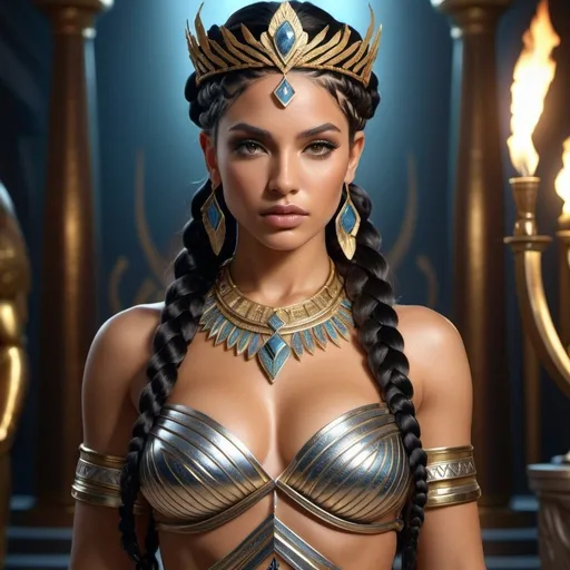 Prompt: HD 4k 3D, 8k, hyper realistic, professional modeling, ethereal Greek Goddess and Amazonian Queen, black crown braid hair, tan skin, gorgeous glowing face, Amazonian Warrior fur armor, silver jewelry and tiara, Amazon warrior, tattoos, full body, independent, Atlantis, paradise, surrounded by ambient divine glow, detailed, elegant, mythical, surreal dramatic lighting, majestic, goddesslike aura