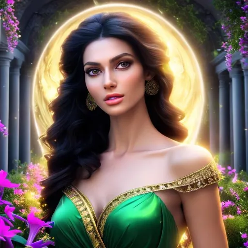 Prompt: HD 4k 3D 8k professional modeling photo hyper realistic beautiful woman ethereal greek goddess of blessed death
long black hair green eyes fair skin gorgeous face enchanting grecian dress beautiful jewelry spring crown full body surrounded by mystical ambient glow hd landscape underworld lush vibrant springtime altar festival 
