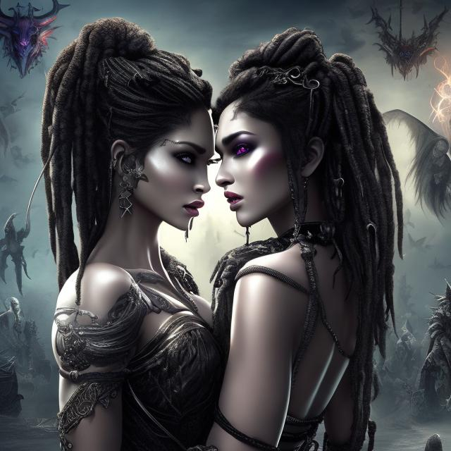 Prompt: HD 4k 3D 8k professional modeling photo hyper realistic beautiful twin evil demon women ethereal greek goddesses of insanity
black dreadlock hair dark eyes gorgeous face fair skin silk goth dress tattoos full body surrounded by evil glow hd landscape background two women in underworld surrounded by ghosts and spirits