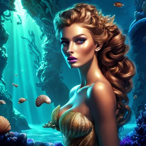 Prompt: HD 4k 3D 8k professional modeling photo hyper realistic beautiful evil woman ethereal greek goddess sea witch 
gold dutch braided hair dark eyes gorgeous face dark seashell jewelry dark seashell tiara dark mermaid tail full body surrounded by ambient glow hd landscape dark magic underwater abyss sea monsters sharks eels squid
