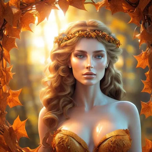 Prompt: HD 4k 3D, hyper realistic, professional modeling, ethereal Greek goddess of autumn, curly auburn hair, fair freckled skin, gorgeous face, gorgeous autumn foliage gown, autumn jewelry and leaf tiara, full body, ambient glow, autumn goddess, autumn forest landscape, detailed, elegant, ethereal, mythical, Greek, goddess, surreal lighting, majestic, goddesslike aura