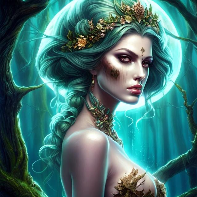 Prompt: HD 4k 3D, hyper realistic, professional modeling, ethereal Greek undead goddess of trees, green ombre hair, dark freckled skin, gorgeous face, gorgeous tree dress, tree jewelry and underworld crown, full body, ambient spooky glow, tree nymph in the underworld, landscape, detailed, elegant, ethereal, mythical, Greek, goddess, surreal lighting, majestic, goddesslike aura