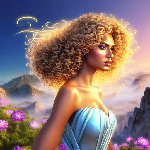 Prompt: HD 4k 3D 8k professional modeling photo hyper realistic beautiful woman ethereal greek goddess of the morning breeze
brown curly hair gorgeous face brown skin billowing gown beautiful jewelry polos crown pixie wings full body surrounded by ambient aura glow hd landscape beautiful pixie winged goddess on mountain morning 


