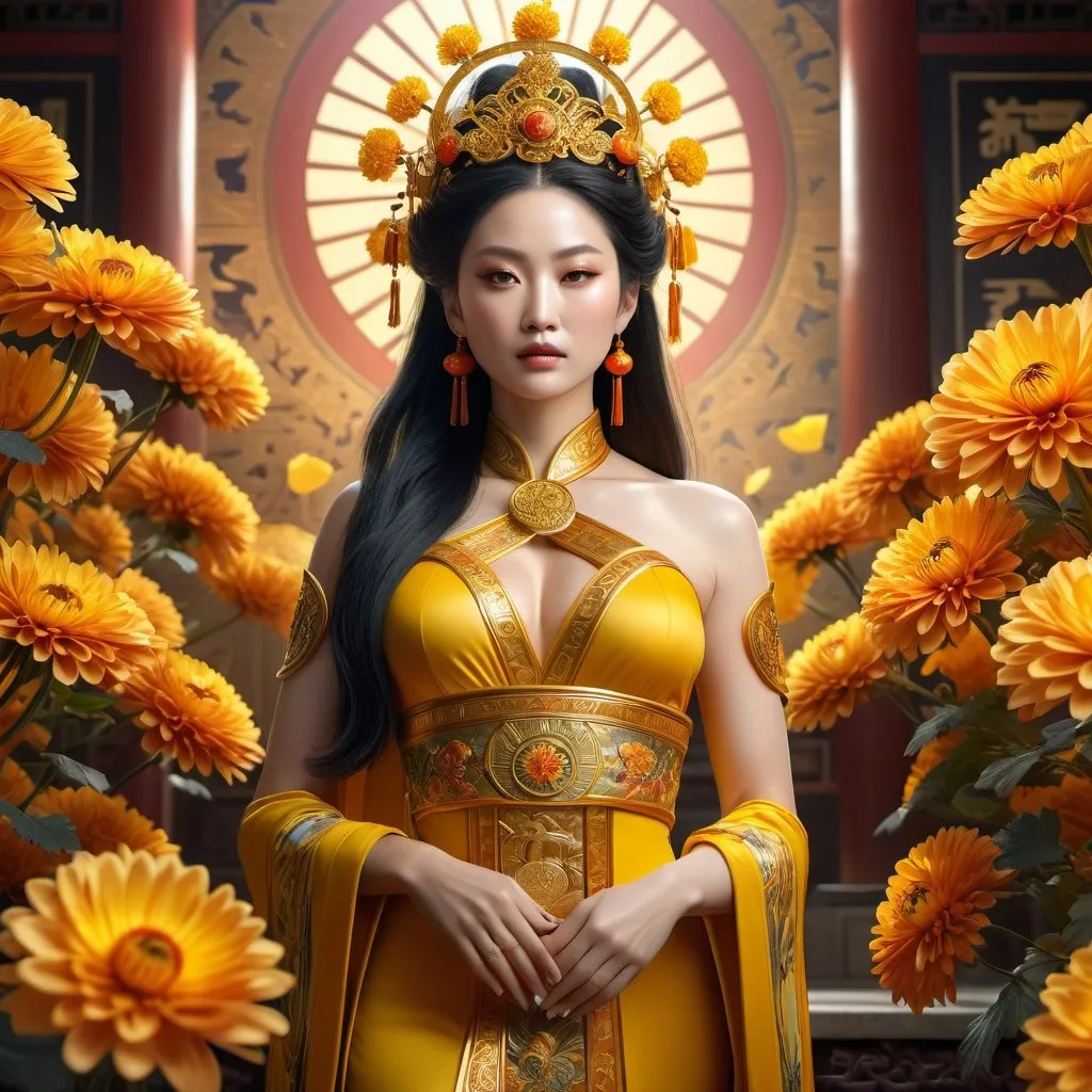 Prompt: HD 4k 3D 8k professional modeling photo hyper realistic beautiful woman enchanted ancient China Dynasty Princess Empress Phoenix, ethereal greek goddess, full body surrounded by ambient glow, magical, highly detailed, intricate, Qi dynasty, yellow gold and orange chrysanthemums, outdoor landscape, highly realistic woman, high fantasy background, elegant, mythical, surreal lighting, majestic, goddesslike aura, Annie Leibovitz style 

