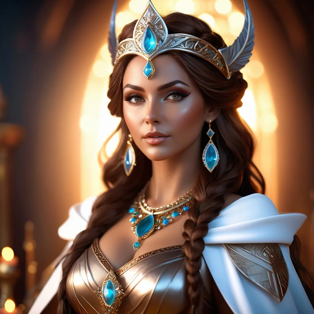 Prompt: Grimhild, evil Norse witch, a beautiful but evil sorceress, maker of magic potions, hyper realistic, HD 4k 3D, professional modeling, ethereal, brown hair, tan skin, gorgeous face, jewelry and headpiece, ambient divine glow, detailed and intricate, elegant, ethereal, mythical, goddess, radiant lighting, majestic, goddesslike aura