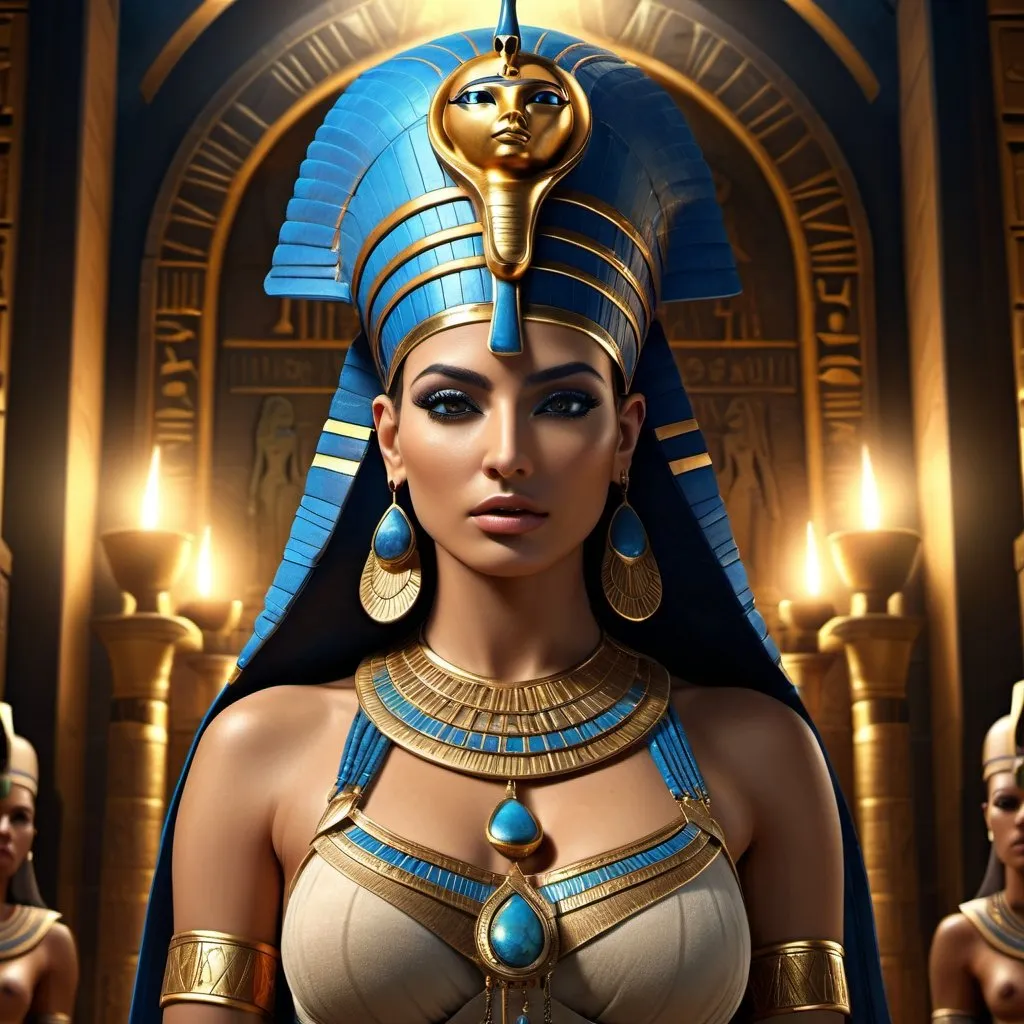 Prompt: HD 4k 3D 8k professional modeling photo hyper realistic beautiful woman Egyptian Princess Nefertiri, ethereal greek goddess gorgeous face full body surrounded by ambient glow, enchanted, magical, detailed, highly realistic woman, high fantasy background, Egyptian Underworld, book of the dead, elegant, mythical, surreal lighting, majestic, goddesslike aura, Annie Leibovitz style 

