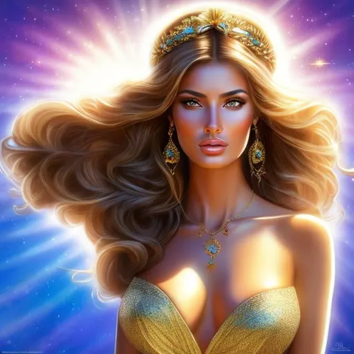 Prompt: HD 4k 3D, hyper realistic, professional modeling, ethereal Greek goddess of lunchtime, brunette ombre hair, tan skin, gorgeous face, island dress, shiny jewelry and diadem, full body, ambient glow of day, alluring sun goddess, bright island sunlight, tropical paradise, vibrant power, detailed, elegant, ethereal, mythical, Greek, goddess, surreal lighting, majestic, goddesslike aura