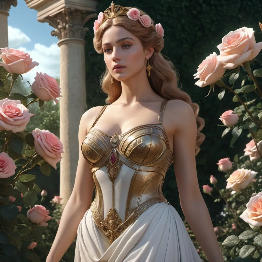 Prompt: HD 4k 3D, hyper realistic, professional modeling, enchanted French goddess mythology Princess, beautiful, magical, detailed, highly realistic woman, high fantasy French rose garden landscape, elegant, ethereal, mythical, Greek goddess, surreal lighting, majestic, goddesslike aura, Annie Leibovitz style 