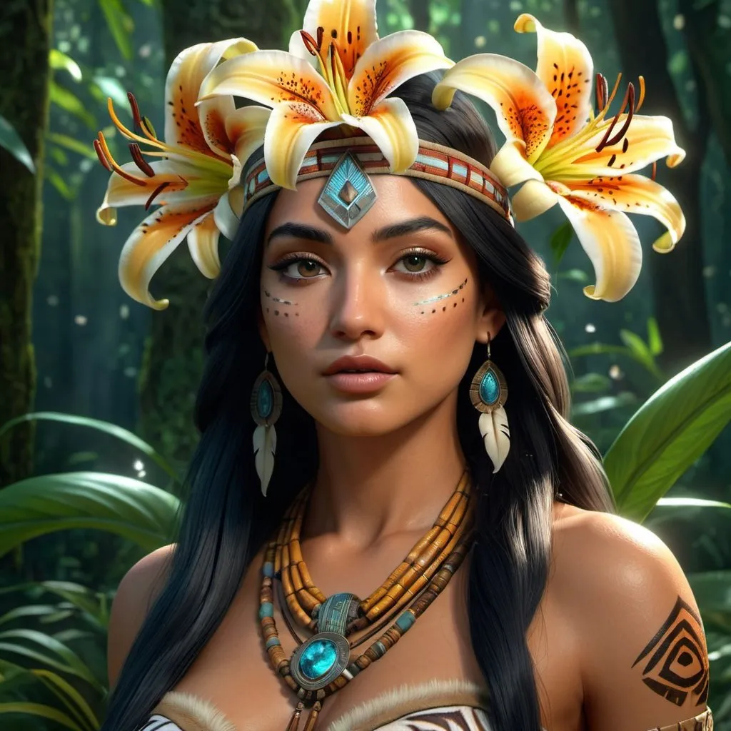 Prompt: HD 4k 3D, hyper realistic, professional modeling, enchanted Native American Princess - Tiger Lily, beautiful, magical, mystical forest, tiger lily flowers, detailed, elegant, ethereal, mythical, Greek goddess, surreal lighting, majestic, goddesslike aura