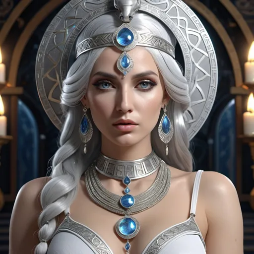 Prompt: HD 4k 3D, hyper realistic, professional modeling, ethereal Greek Muse of Mind Charming, Silver hair, white skin, gorgeous face, embellished sorceress dress, magical jewelry and headpiece, full body, psychic, fortune teller, cobra, mystic, detailed, elegant, ethereal, mythical, Greek, goddess, surreal lighting, majestic, goddesslike aura