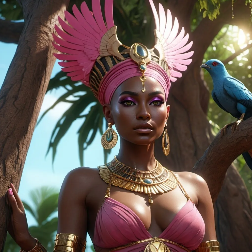 Prompt: HD 4k 3D, 8k, hyper realistic, professional modeling, ethereal Egyptian Underworld Goddess Imentet, beautiful, glowing black skin, pink hair, mythical red dress clothing and jewelry, tiara, goddess of the West, full body, living in a tree in paradise, birds of prey, Fantasy setting, surrounded by ambient divine glow, detailed, elegant, surreal dramatic lighting, majestic, goddesslike aura, octane render