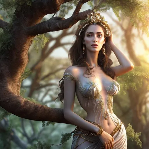 Prompt: HD 4k 3D, hyper realistic, professional modeling, ethereal  Greek goddess of fig trees, brown hair, dark freckled skin, gorgeous face, gorgeous fig tree dress, tree jewelry and fig tree headpiece, full body, ambient glow, fig tree nymph, landscape, detailed, elegant, ethereal, mythical, Greek, goddess, surreal lighting, majestic, goddesslike aura