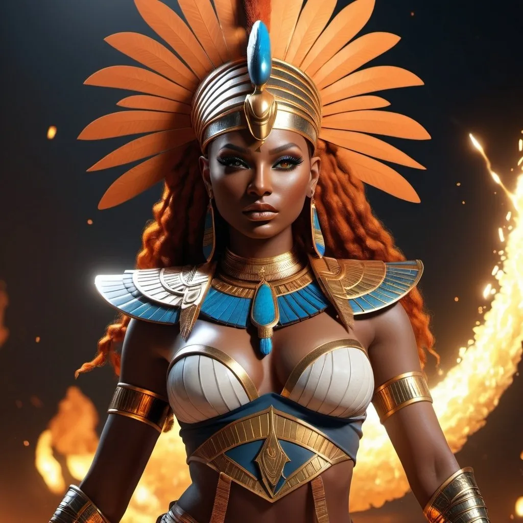 Prompt: HD 4k 3D, 8k, hyper realistic, professional modeling, ethereal Egyptian Goddess style, Feline Goddess of War, beautiful, standing on battlefield, glowing black skin, fiery orange hair, mythical armor, headpiece, full body, fierce and dangerous, Fantasy setting, surrounded by ambient divine glow, detailed, elegant, surreal dramatic lighting, majestic, goddesslike aura, octane render, artistic and whimsical