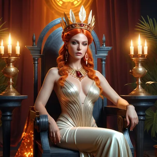 Prompt: HD 4k 3D, 8k, hyper realistic, professional modeling, ethereal Greek Goddess Queen Cassiopeia, orange hair, beige skin, gorgeous glowing face, regal gown, red gemstone jewelry and headband, evil queen, seated on throne, holding mirror and palm frond, surrounded by ambient divinity glow, detailed, elegant, mythical, surreal dramatic lighting, majestic, goddesslike aura