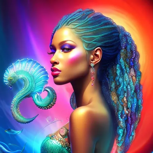 Prompt: HD 4k 3D 8k professional modeling photo hyper realistic beautiful woman ethereal greek goddess African sea nymph Oceanid
orange braids hair  gorgeous face ocean jewelry sea headpiece colored mermaid tail full body surrounded by ambient glow hd landscape african ocean bright sun shining 

