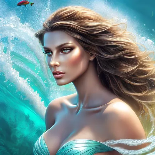 Prompt: HD 4k 3D 8k professional modeling photo hyper realistic beautiful woman ethereal mighty powerful greek goddess sea nymph of the ocean tides
gray hair brown skin gorgeous face  jewelry headpiece mermaid tail full body surrounded by ambient glow hd landscape stormy ocean waves seagulls flying overhead

