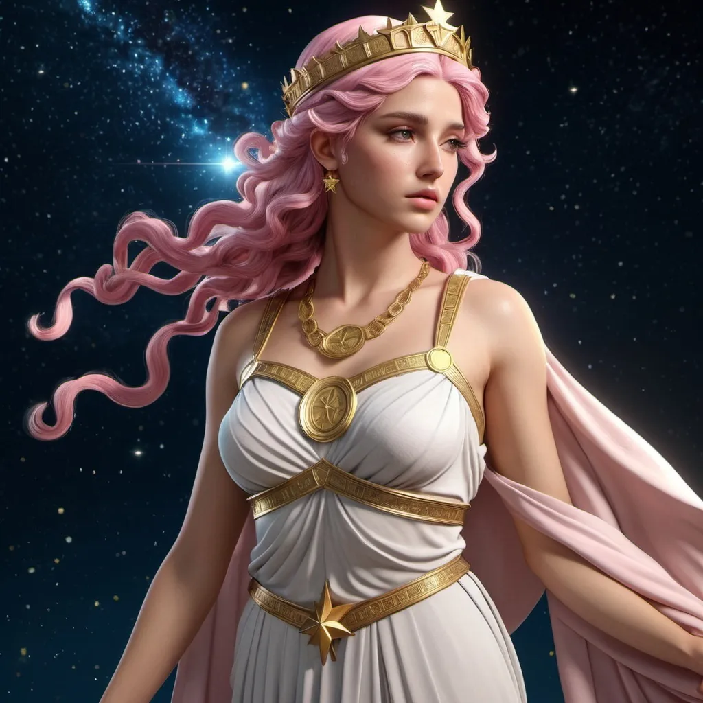 Prompt: HD 4k 3D, hyper realistic, professional modeling, ethereal Greek Goddess of Justice, pink hair, medium skin, gorgeous face, Greek dress, star jewelry and crown, full body, Virgo, starry night, innocence, purity, star-maiden, detailed, elegant, ethereal, mythical, Greek, goddess, surreal lighting, majestic, goddesslike aura