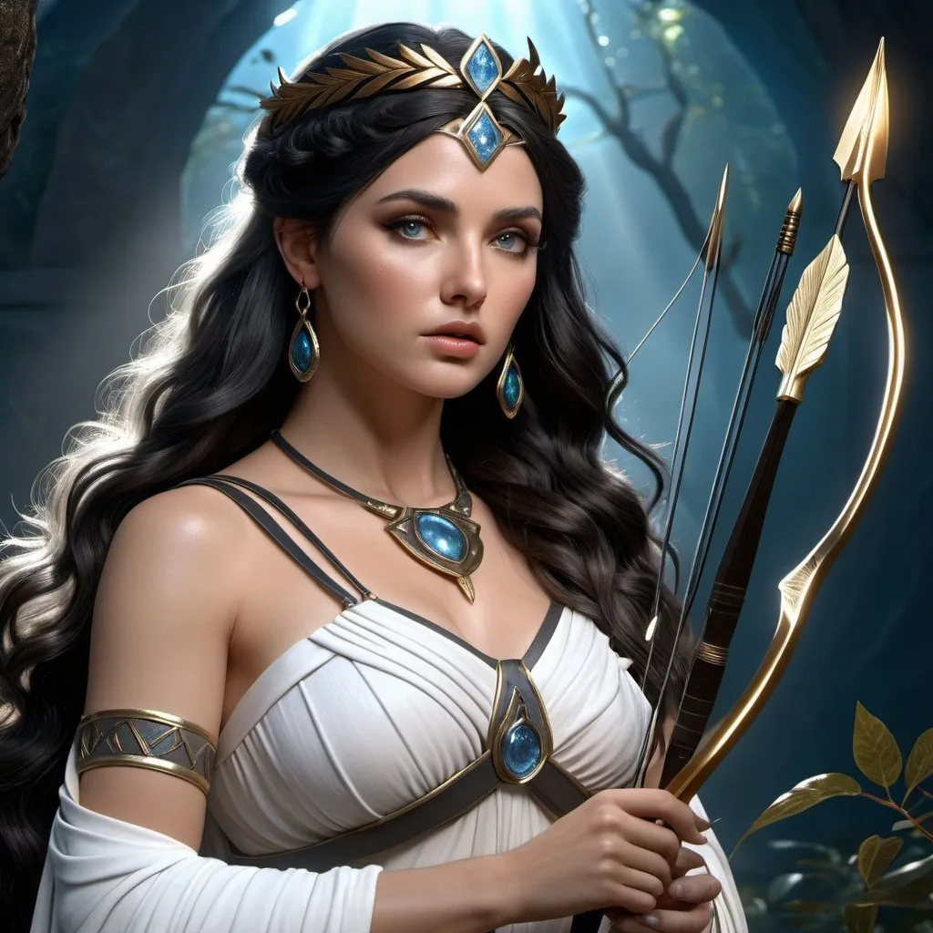 Prompt: HD 4k 3D, 8k, hyper realistic, professional modeling, ethereal Greek Goddess Heroine Atalanta, long black flowing hair, white skin, gorgeous glowing face, huntress tunic, gray gemstone jewelry and tiara, bow and arrows, bear companion, wilderness, surrounded by ambient divinity glow, detailed, elegant, mythical, surreal dramatic lighting, majestic, goddesslike aura