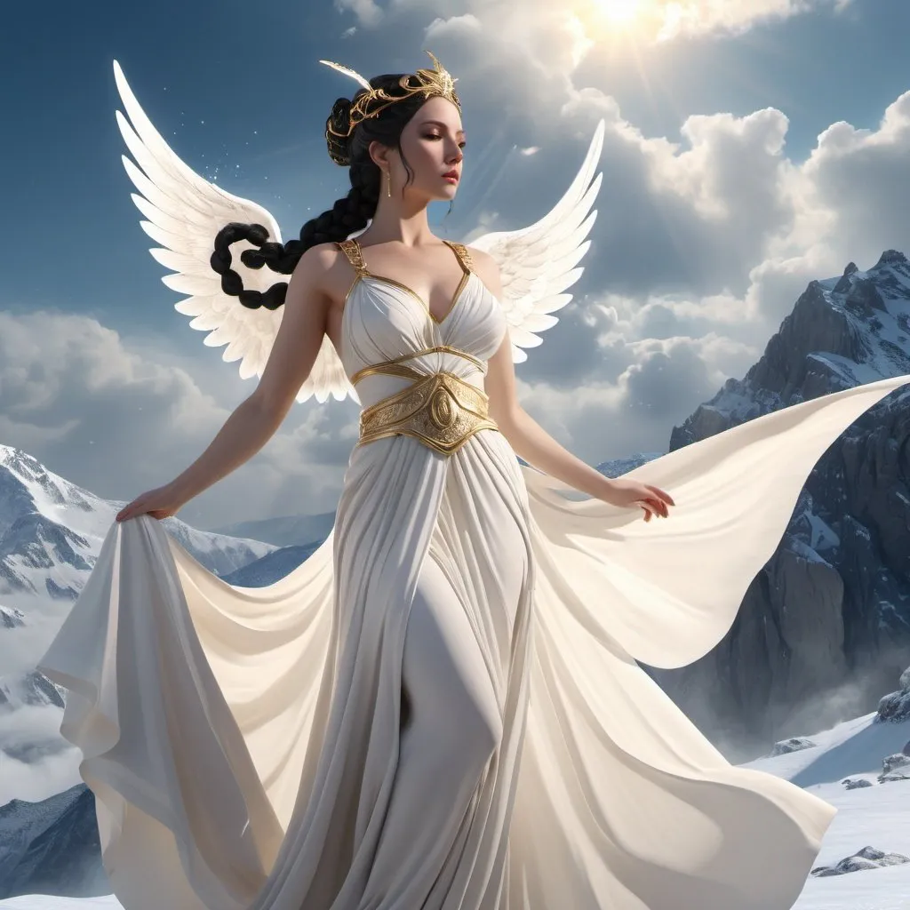 Prompt: HD 4k 3D, hyper realistic, professional modeling, ethereal Greek Goddess of Cold Mountain Winds, black pigtails hair, pale skin, gorgeous face, billowing gown and wings, marble jewelry and tiara, full body, flying through clouds, snow capped mountains, wind goddess, surrounded by divine glow, detailed, elegant, ethereal, mythical, Greek, goddess, surreal lighting, majestic, goddesslike aura