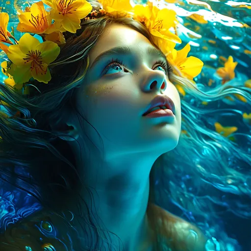 Prompt: Salacia, Yellow Mermaid Goddess of the Sea, Pre-Raphaelite time-lapse motion blur Abstract* cyber graffiti, High resolution, detailed portrait, Midjourney style, ethereal atmosphere, flowing hair, captivating eyes, cosmic mystical aura, vibrant colors, soft lighting, professional, digital painting, enchanting presence, fantasy, dreamy, female, mystical, detailed hair, captivating gaze, professional lighting, hyper realistic, HD 4k 3D, professional modeling, ethereal, gorgeous face, ambient divine glow, detailed and intricate, elegant, ethereal, mythical, goddess, radiant lighting, majestic, goddesslike aura, hair adorned wtih blue hydrangeas, underwater landscape