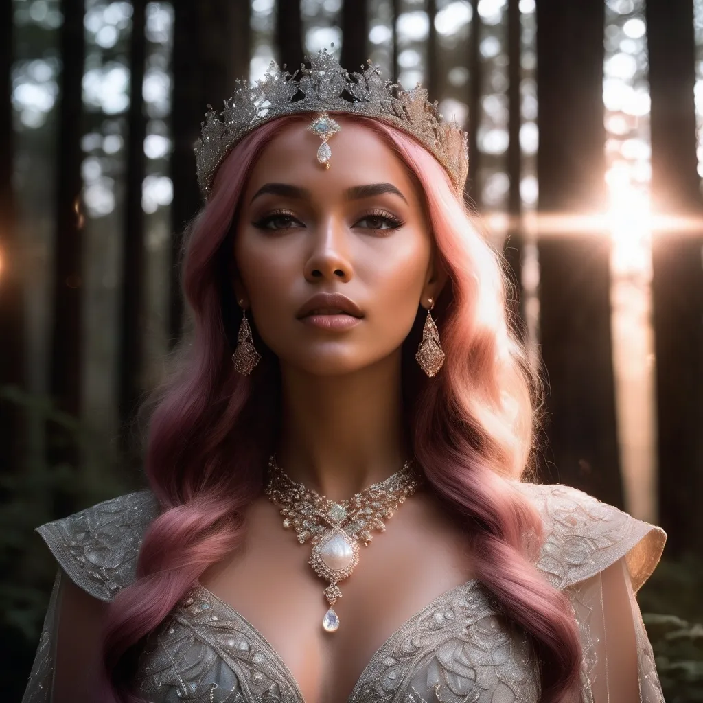 Prompt: Bell, evil Southern American witch, hyper realistic, HD 4k 3D, professional modeling, ethereal, rose pink hair, light brown skin, gorgeous face, gorgeous jewelry and diadem, nighttime in a Tennessee forest, ambient divine glow, detailed and intricate, elegant, ethereal, mythical, goddess, radiant lighting, majestic, goddesslike aura