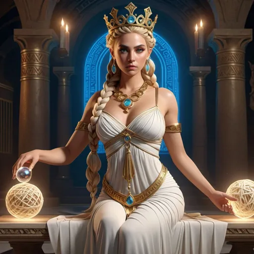 Prompt: HD 4k 3D, hyper realistic, professional modeling, ethereal Greek Goddess and Princess, blonde bubble braids, medium skin, gorgeous face, Cretan Princess gown, almandine jewelry and jeweled crown, full body magical glow, Mistress of the labyrinth, cretan labyrinth, holding ball of yarn and dagger, detailed, elegant, ethereal, mythical, Greek, goddess, surreal lighting, majestic, goddesslike aura