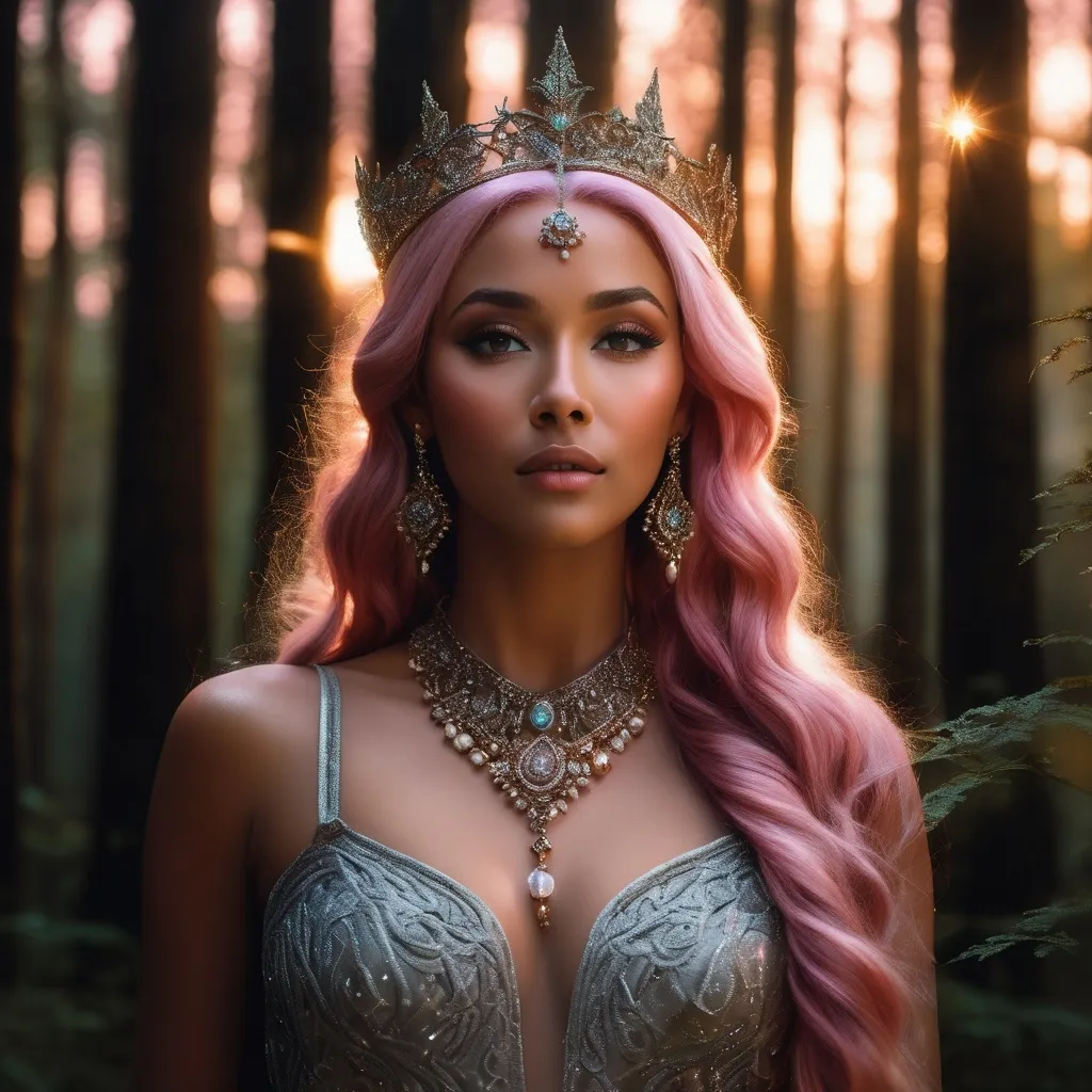 Prompt: Bell, evil Southern American witch, hyper realistic, HD 4k 3D, professional modeling, ethereal, rose pink hair, light brown skin, gorgeous face, gorgeous jewelry and diadem, nighttime in a Tennessee forest, ambient divine glow, detailed and intricate, elegant, ethereal, mythical, goddess, radiant lighting, majestic, goddesslike aura