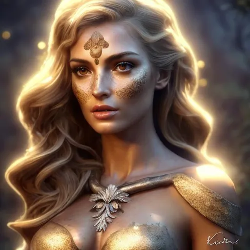 Prompt: HD 4k 3D, hyper realistic, professional modeling, ethereal Greek goddess of inevitable fate, brown ombre hair, olive freckled skin, gorgeous face, gorgeous mountain inspired dress,  rustic jewelry and crown, full body, ambient glow, cave nymph, landscape, detailed, elegant, ethereal, mythical, Greek, goddess, surreal lighting, majestic, goddesslike aura