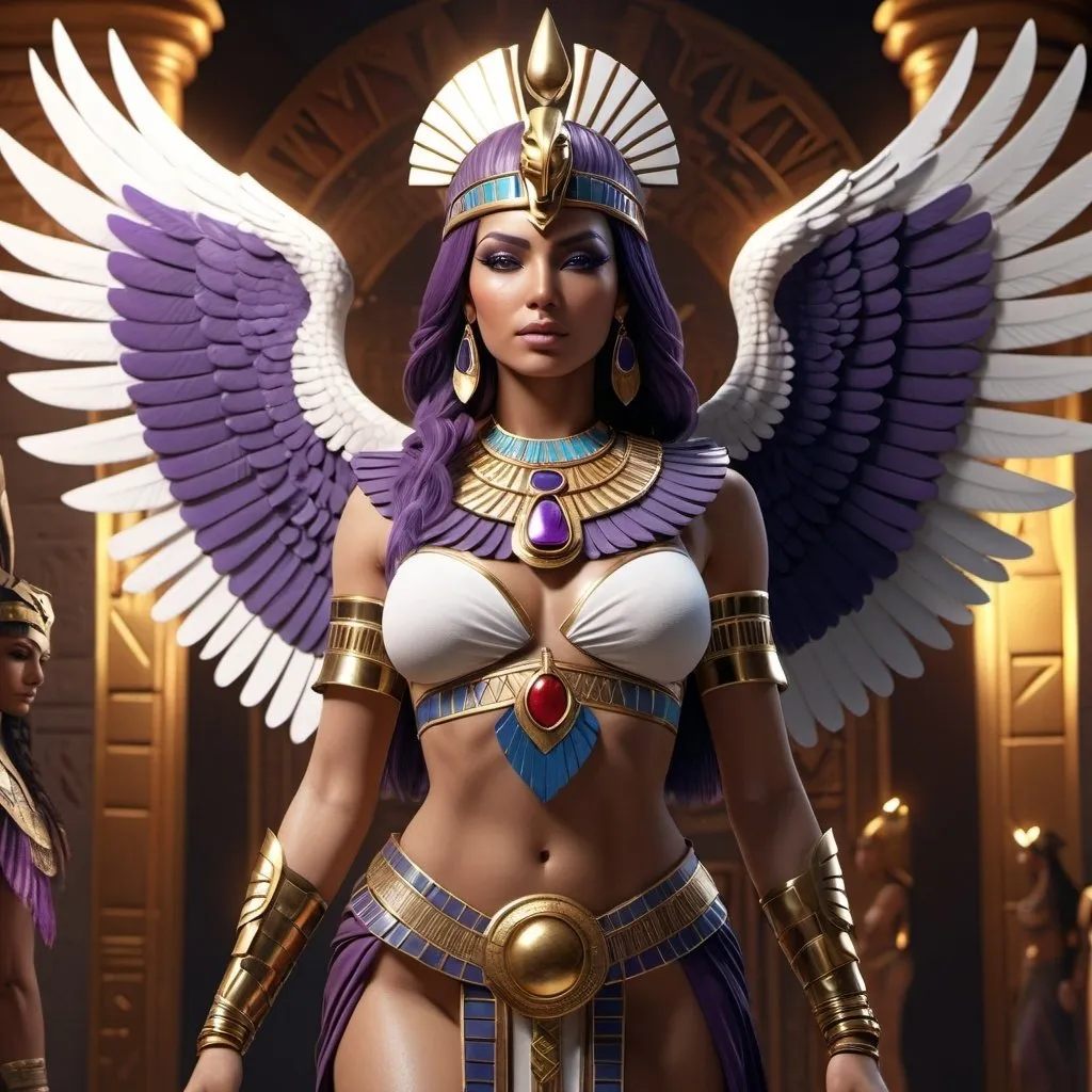 Prompt: HD 4k 3D, 8k, hyper realistic, professional modeling, ethereal Egyptian Goddess warrior style, beautiful with griffon wings, glowing beige skin, purple hair, mythical black, red, and white outfit and jewelry, diadem, full body, goddess of war, Fantasy setting, surrounded by ambient divine glow, detailed, elegant, surreal dramatic lighting, majestic, goddesslike aura, octane render, artistic and whimsical