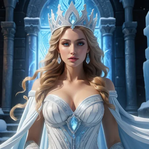 Prompt: HD 4k 3D, hyper realistic, professional modeling, enchanted Snow Princess, beautiful, magical, sorceress, ice castle, detailed, elegant, ethereal, mythical, Greek goddess, surreal lighting, majestic, goddesslike aura