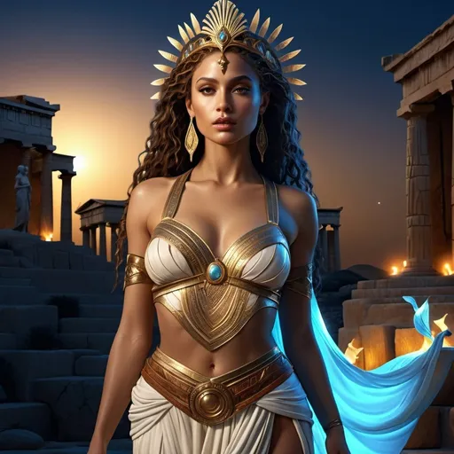 Prompt: HD 4k 3D 8k professional modeling photo hyper realistic beautiful woman enchanted Wachati Princess, ethereal greek goddess, full body surrounded by ambient glow, magical, highly detailed, intricate, African tribal paradise at night, outdoor landscape, highly realistic woman, high fantasy background, elegant, mythical, surreal lighting, majestic, goddesslike aura, Annie Leibovitz style 

