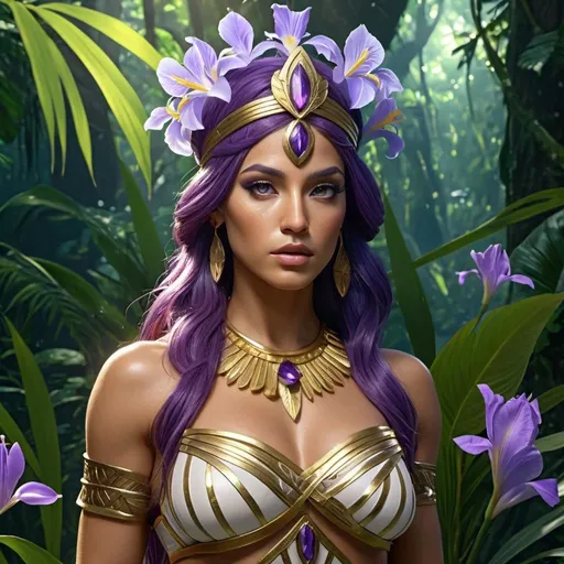 Prompt: HD 4k 3D, 8k, hyper realistic, professional modeling, ethereal Greek Goddess and Amazonian Warrior, purple hair, tan skin, gorgeous glowing face, Amazonian Warrior armor, beryl jewelry and headband, Amazon warrior, full body, in the rainforest, adorned with iris flowers, skilled and courageous, surrounded by ambient divine glow, detailed, elegant, mythical, surreal dramatic lighting, majestic, goddesslike aura