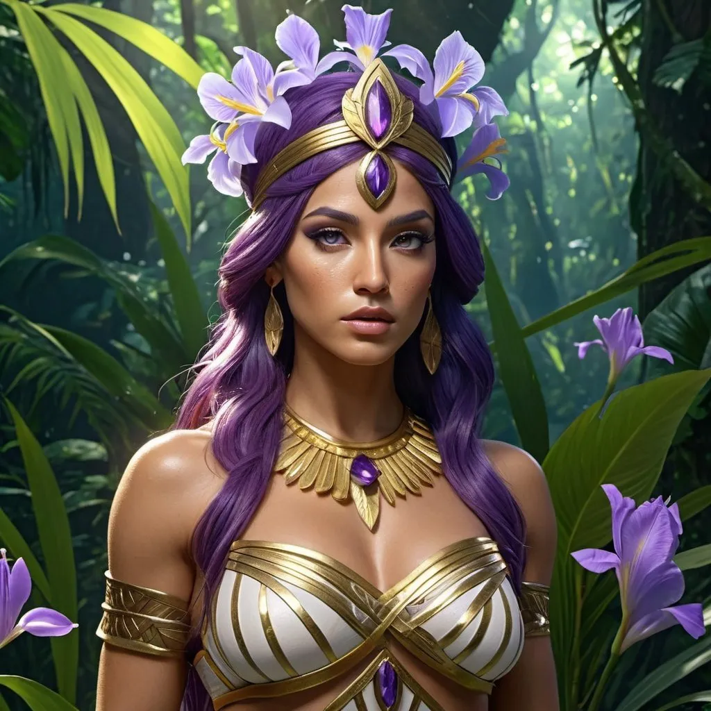 Prompt: HD 4k 3D, 8k, hyper realistic, professional modeling, ethereal Greek Goddess and Amazonian Warrior, purple hair, tan skin, gorgeous glowing face, Amazonian Warrior armor, beryl jewelry and headband, Amazon warrior, full body, in the rainforest, adorned with iris flowers, skilled and courageous, surrounded by ambient divine glow, detailed, elegant, mythical, surreal dramatic lighting, majestic, goddesslike aura