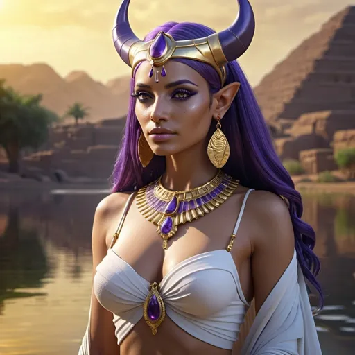 Prompt: HD 4k 3D, 8k, hyper realistic, professional modeling, ethereal Egyptian Soul Goddess Bat, beautiful, glowing olive skin, purple hair, mythical clothing and jewelry, tiara, cow ears and horns full body, cow companions, Nile River in background, surrounded by ambient divine glow, detailed, elegant, surreal dramatic lighting, majestic, goddesslike aura